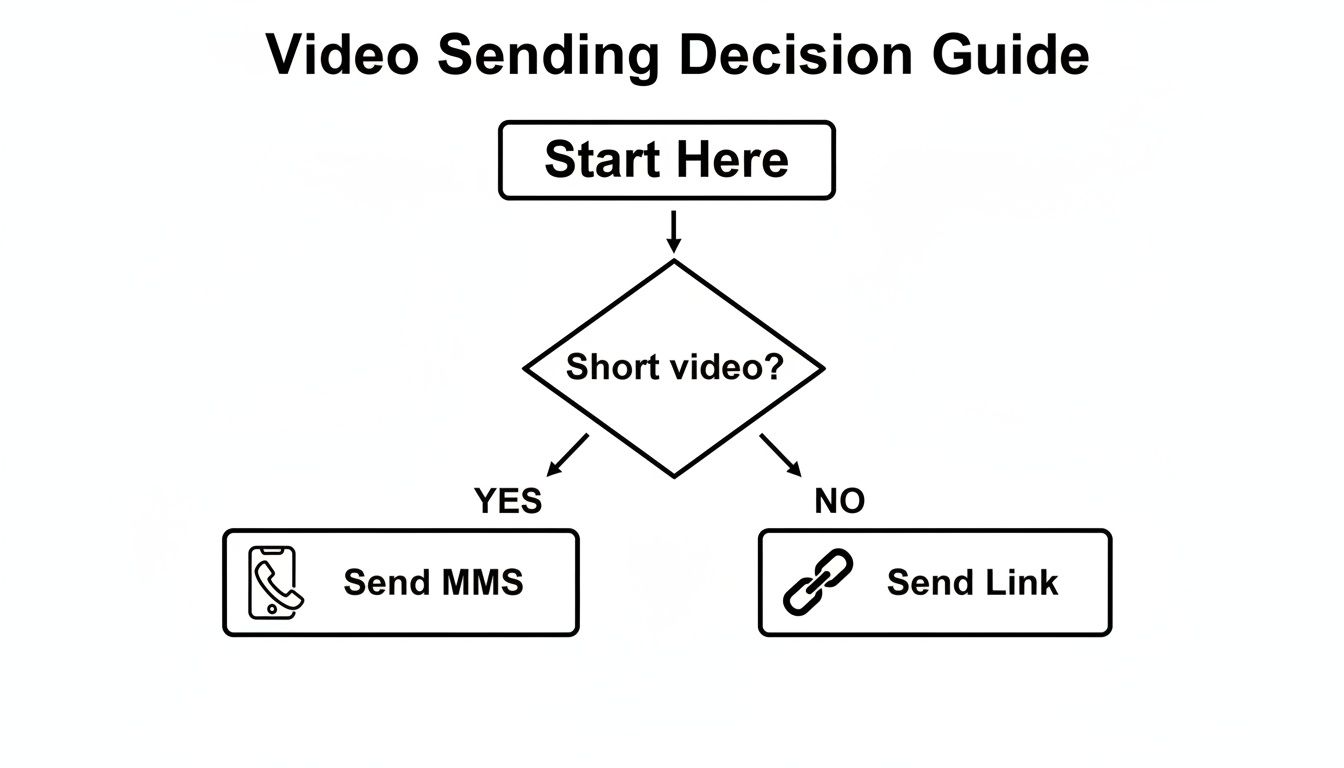 A flowchart titled 'Video Sending Decision Guide' for choosing between MMS or link.