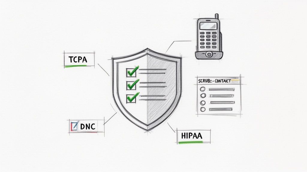 Compliance shield protecting phone data with checks for TCPA, DNC, HIPAA, and contact scrubbing.