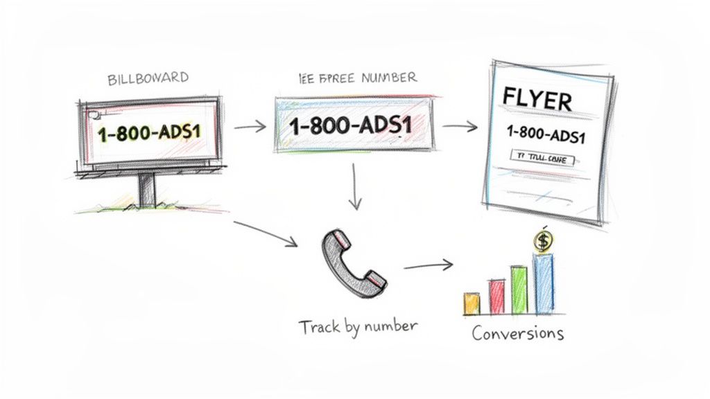 Diagram illustrating how a toll-free number tracks advertising calls and conversions from billboards and flyers.