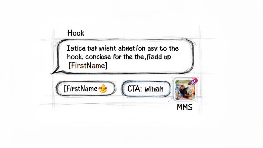 A sketch-style diagram illustrating a message flow with a hook text, a CTA button, and an MMS image.