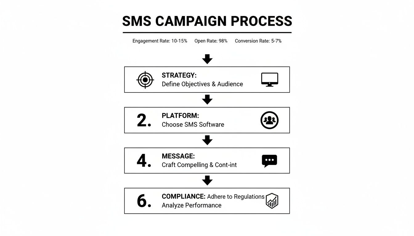 Flowchart outlining the SMS campaign process steps including strategy, platform, message, and compliance.