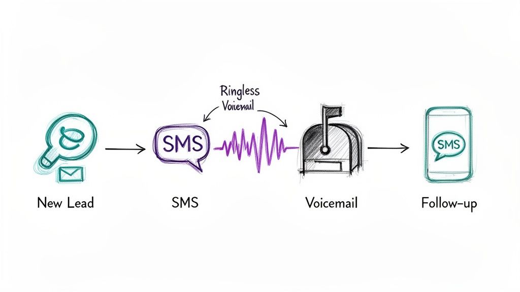 Flowchart showing lead generation and follow-up via SMS and ringless voicemail messaging.