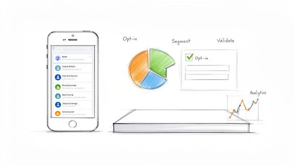 Sketch illustrating a mobile phone, data segmentation pie chart, opt-in validation form, and analytics graph.