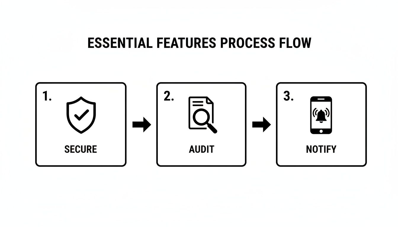 A process flow diagram illustrating essential features: 1. Secure, 2. Audit, and 3. Notify.