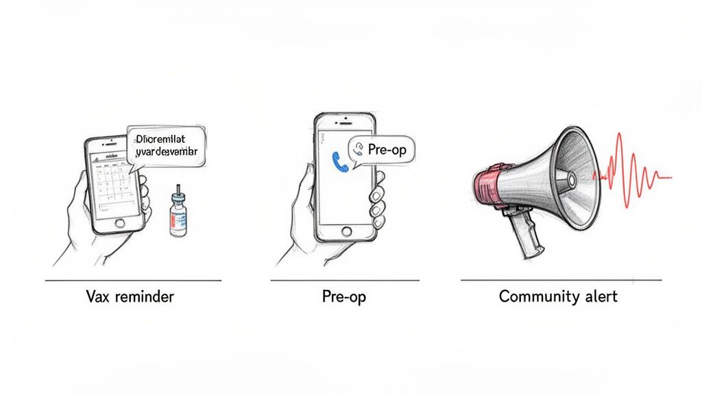 Illustrates three health communication methods: vaccine reminders, pre-operative calls, and community alerts.