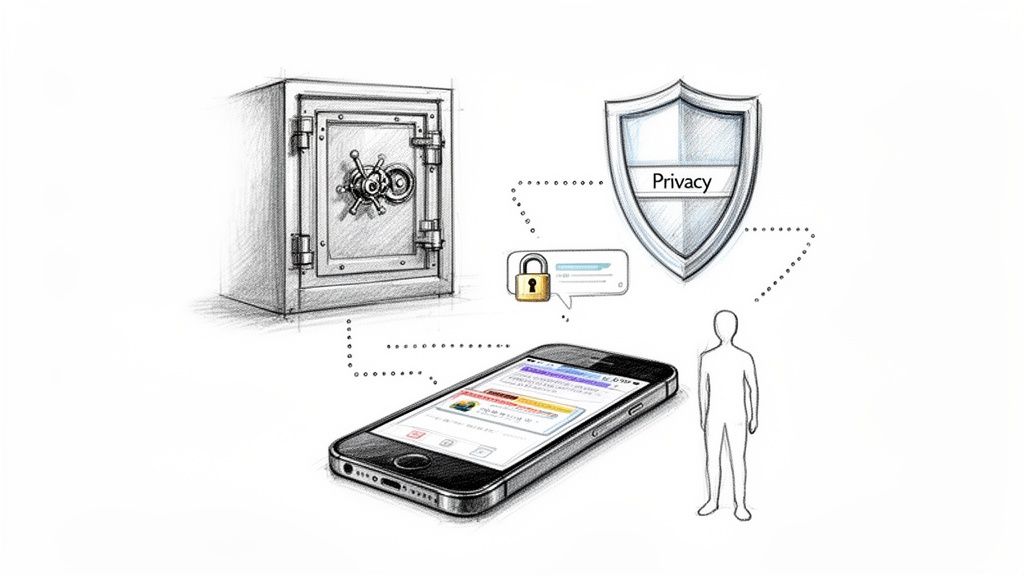 Sketch illustrating secure mobile communication and data privacy, connecting a safe, smartphone, and privacy shield.