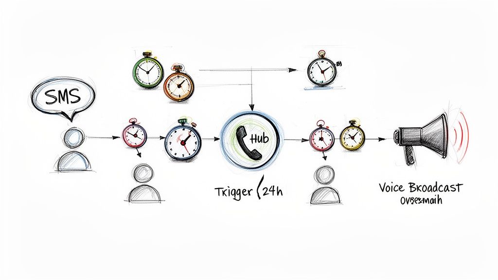 Diagram showing a scheduled communication workflow from SMS to a central hub and finally a voice broadcast.