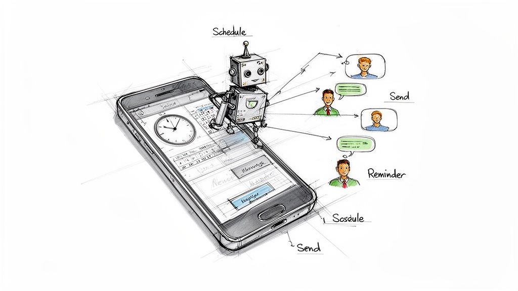 A sketch of a robot on a smartphone managing schedules, sending messages, and setting reminders.