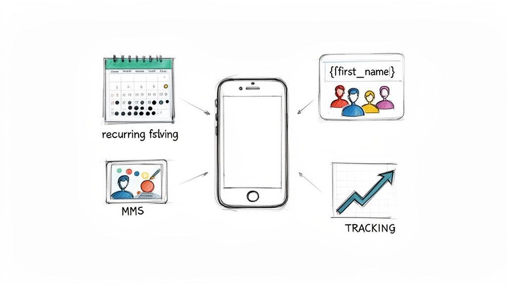 A smartphone at the center, connected to features like recurring events, personalized messaging, MMS, and tracking.