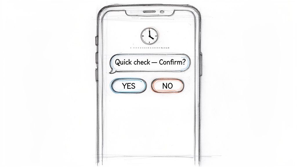 A smartphone displaying a concise follow-up text with 'YES' and 'NO' reply options.