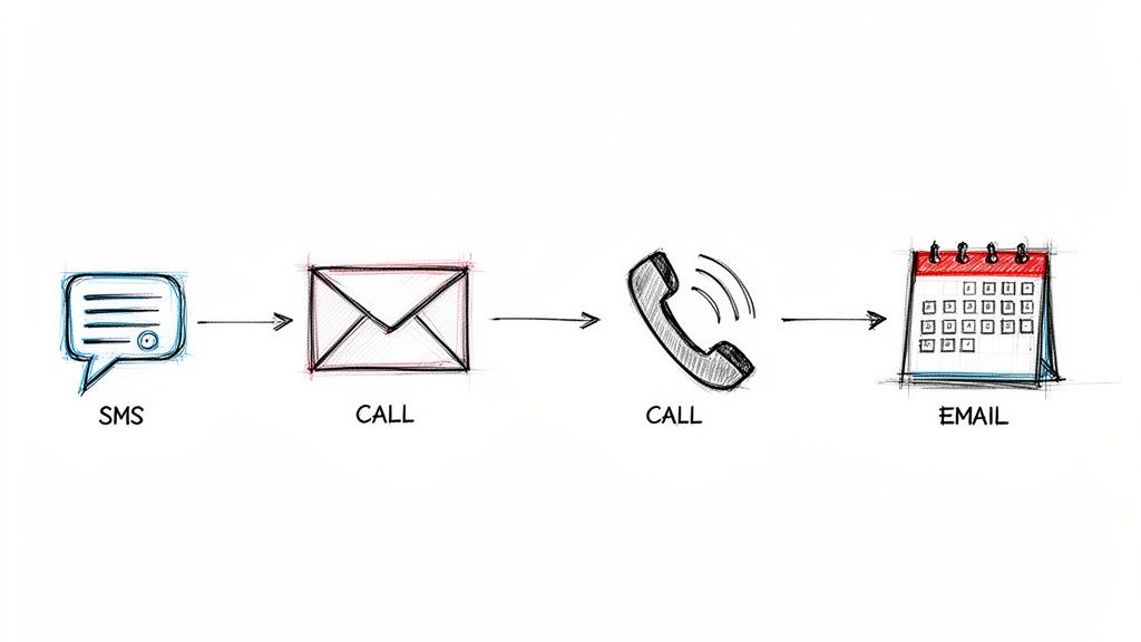 Hand-drawn sequence illustrating communication methods: SMS, call, another call, and email scheduling.