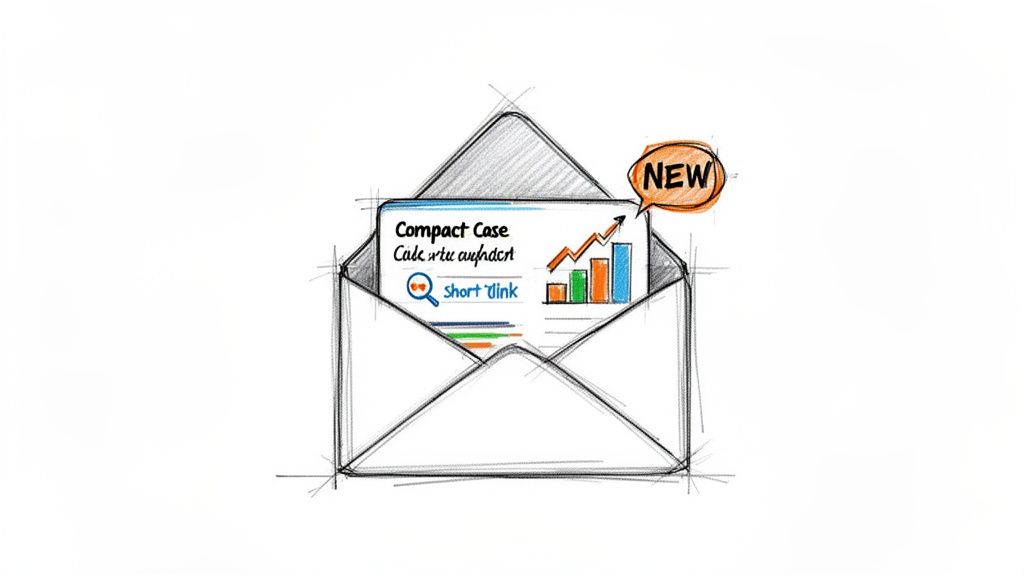 Hand-drawn sketch of an open envelope with a "Compact Case" card, a growth chart, and a "NEW" bubble.