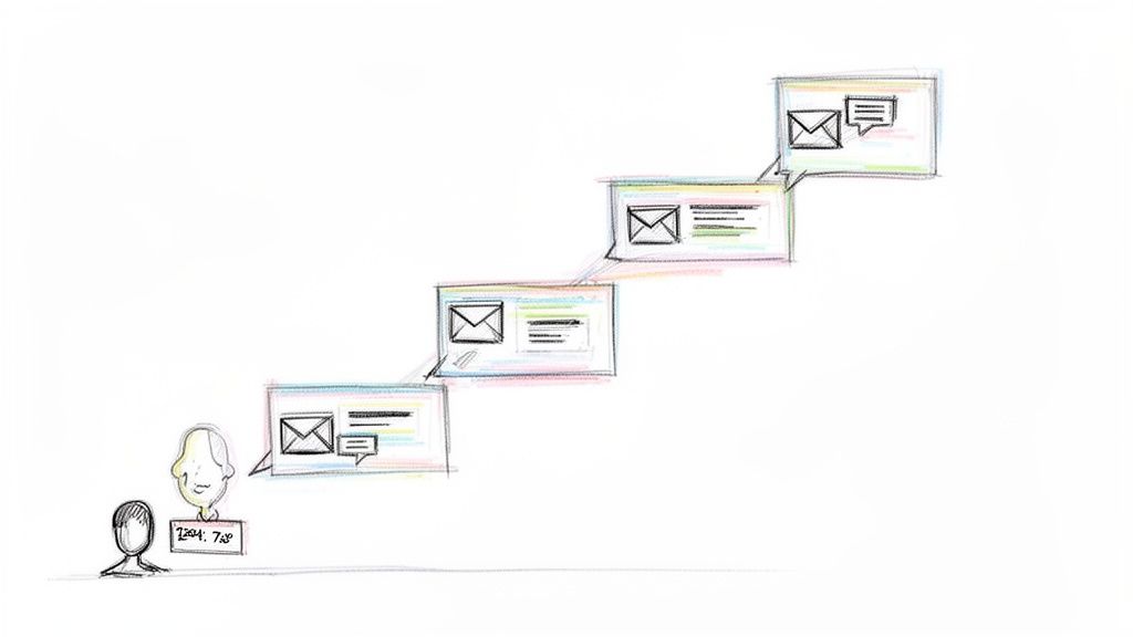 A hand-drawn illustration showing a communication flow or drip marketing sequence with messages and responses.