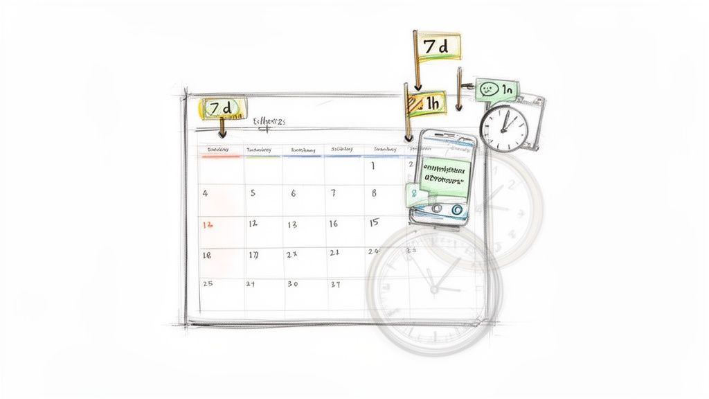 A calendar, smartphone, clock, and flags for 7 days, 1 hour, 1 minute, representing time scheduling.