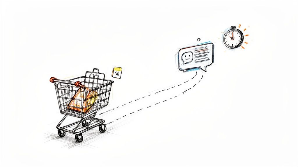 Illustration of a shopping cart with a discount, followed by a message icon and a stopwatch.