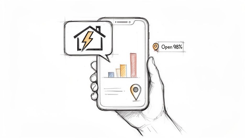 Sketch of a hand holding a smartphone showing a smart home energy app and location data.