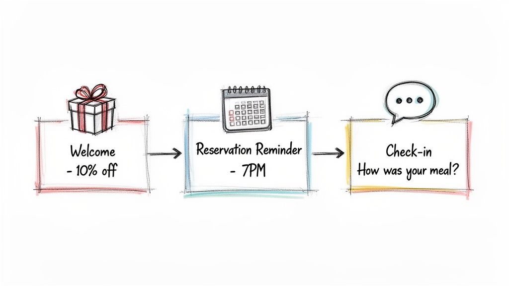 Illustrative diagram showing a restaurant's SMS marketing flow: welcome offer, reservation reminder, and meal feedback.