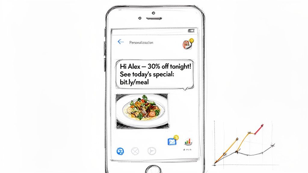 A hand-drawn smartphone displays a personalized SMS marketing message with a food discount and meal image.