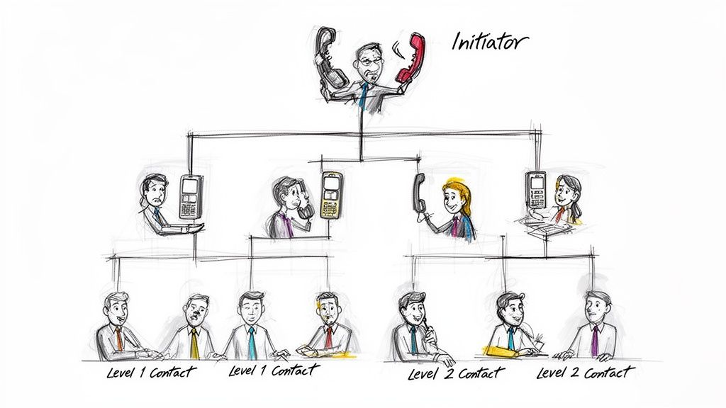 A hand-drawn organizational diagram illustrating a communication phone tree system starting from one central initiator.