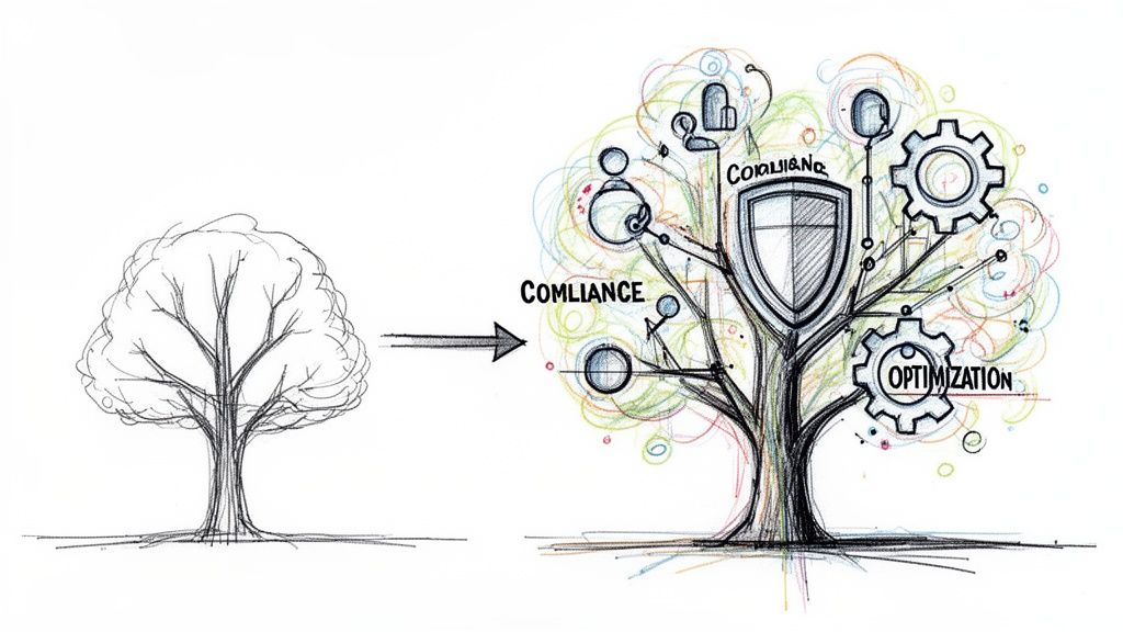 A conceptual drawing of a tree transforming from a simple sketch into a complex, decorated, professional business structure.