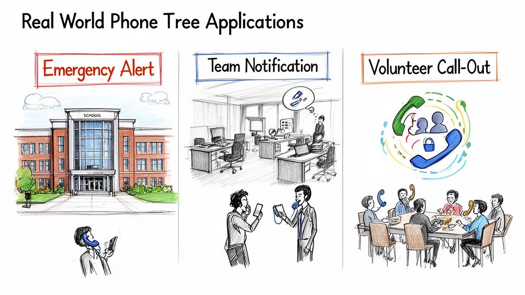 An illustration showing three real-world applications of a phone tree system: emergency alerts, team notifications, and volunteer call-outs.