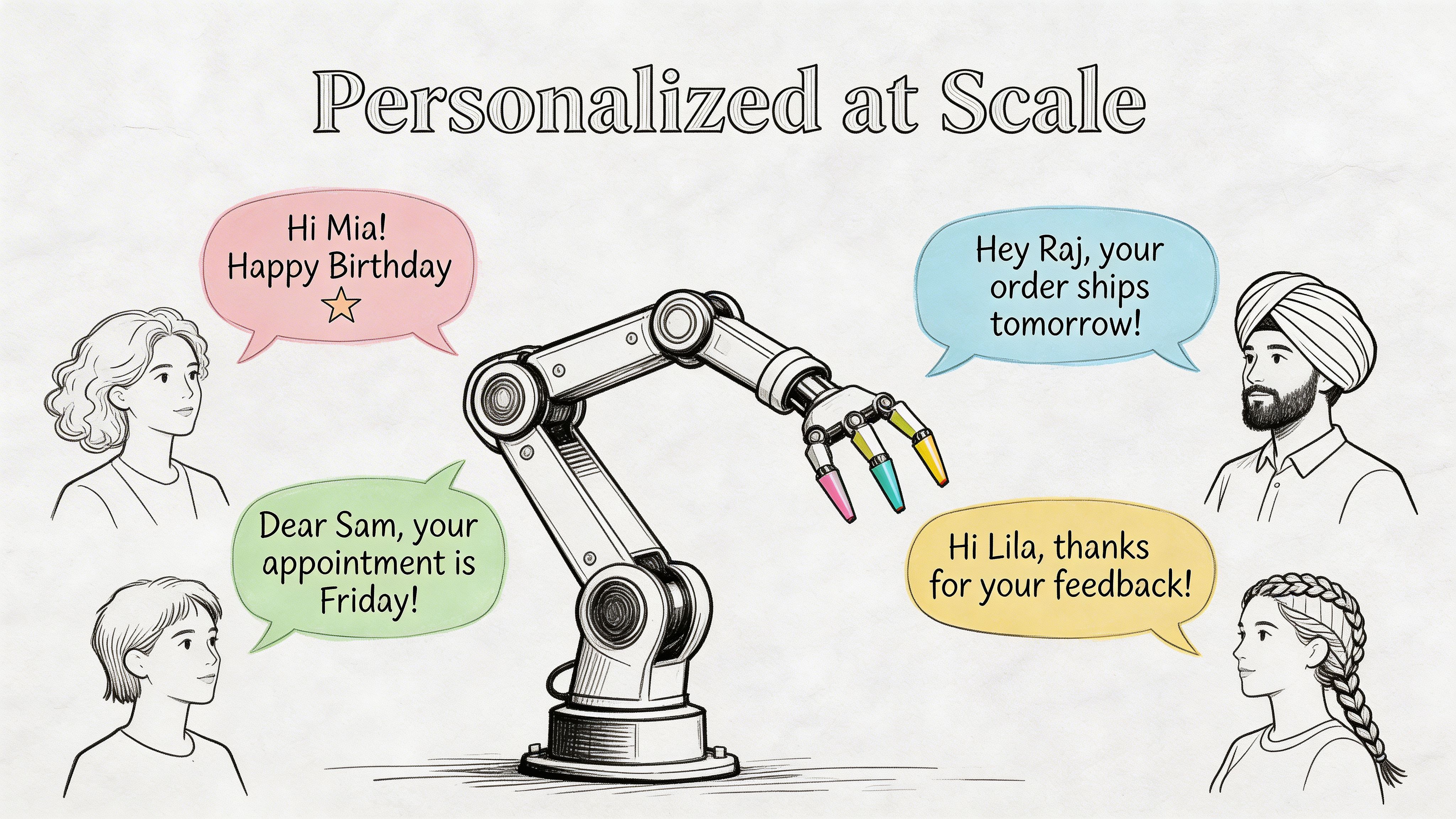 A robotic arm sending personalized text messages to four different people with unique names and updates.