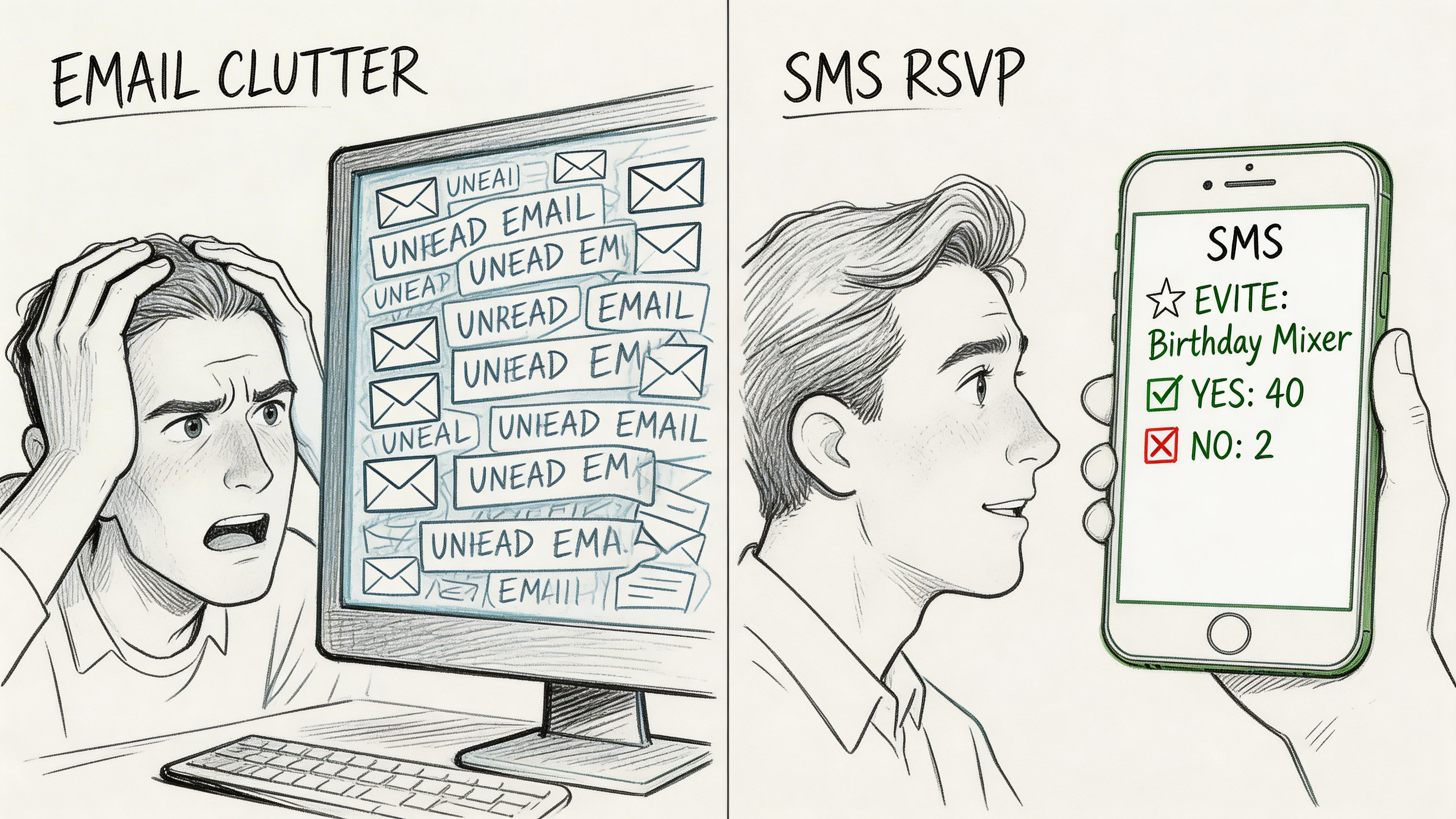 A comparison illustration showing a stressed person overwhelmed by email clutter versus a calm person using SMS RSVP.