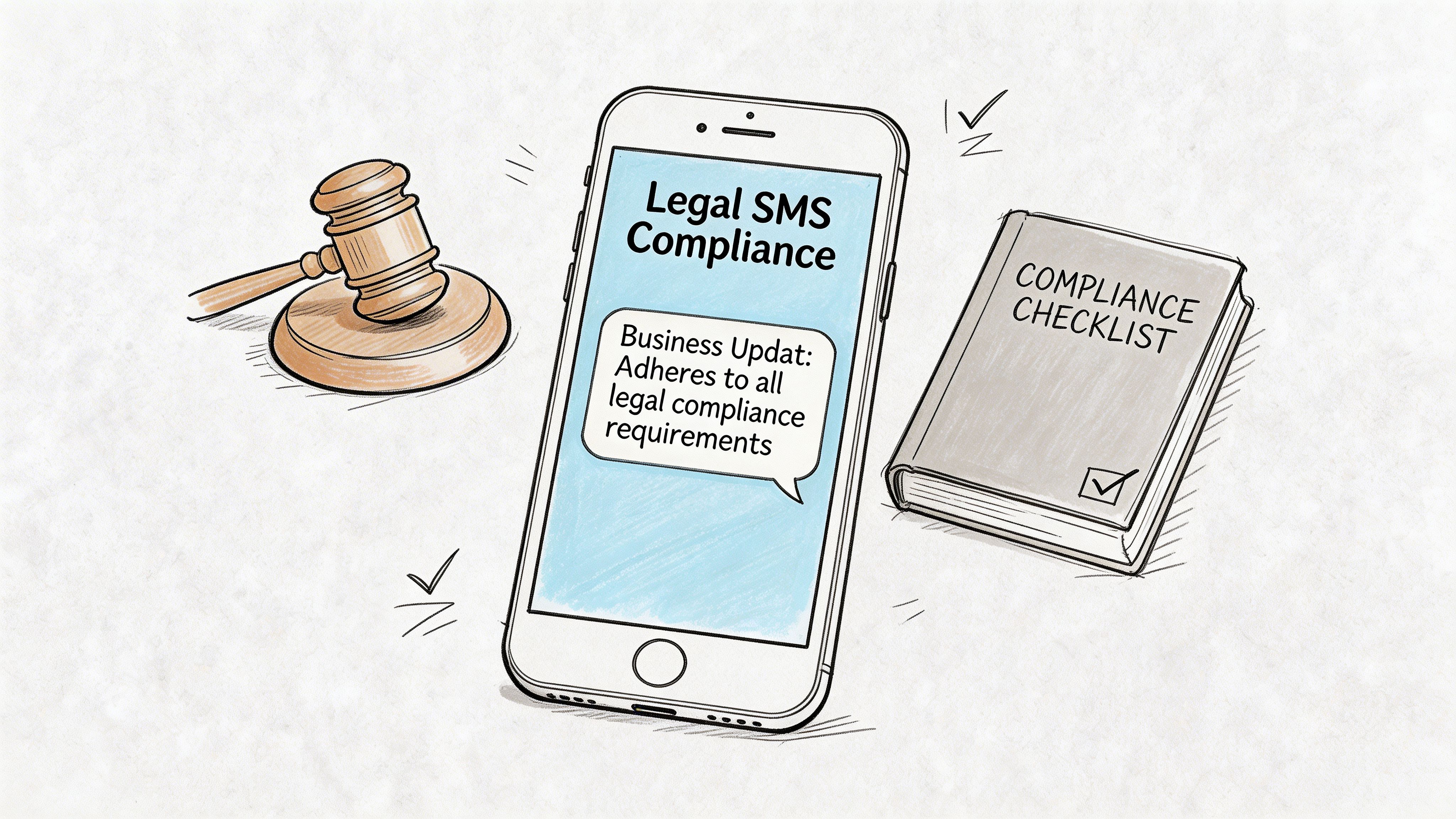 A gavel, a smartphone displaying SMS compliance information, and a compliance checklist book on a white background.