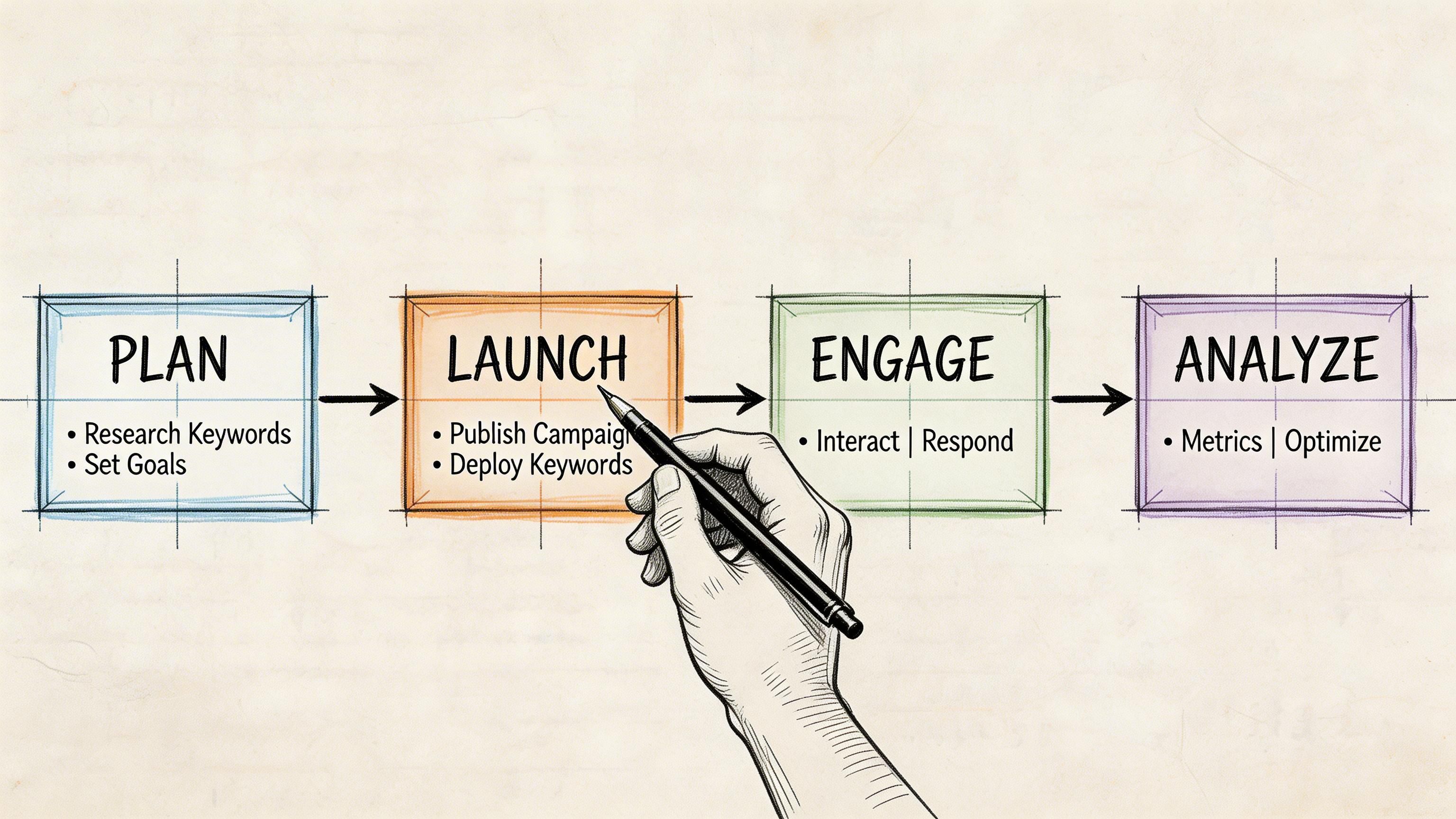 A hand drawing a four-step marketing workflow diagram for planning, launching, engaging, and analyzing advertising campaigns.