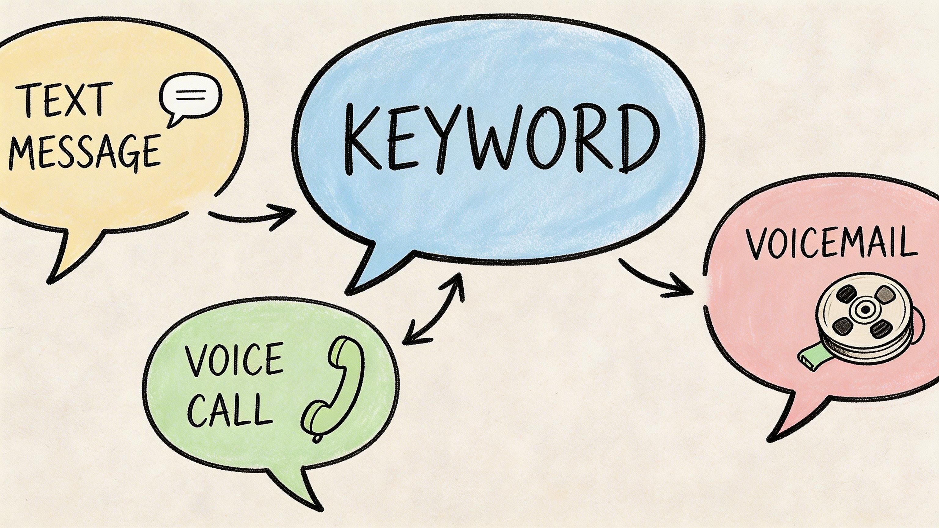 An illustration showing speech bubbles connecting text message, voice call, and voicemail to a central keyword.