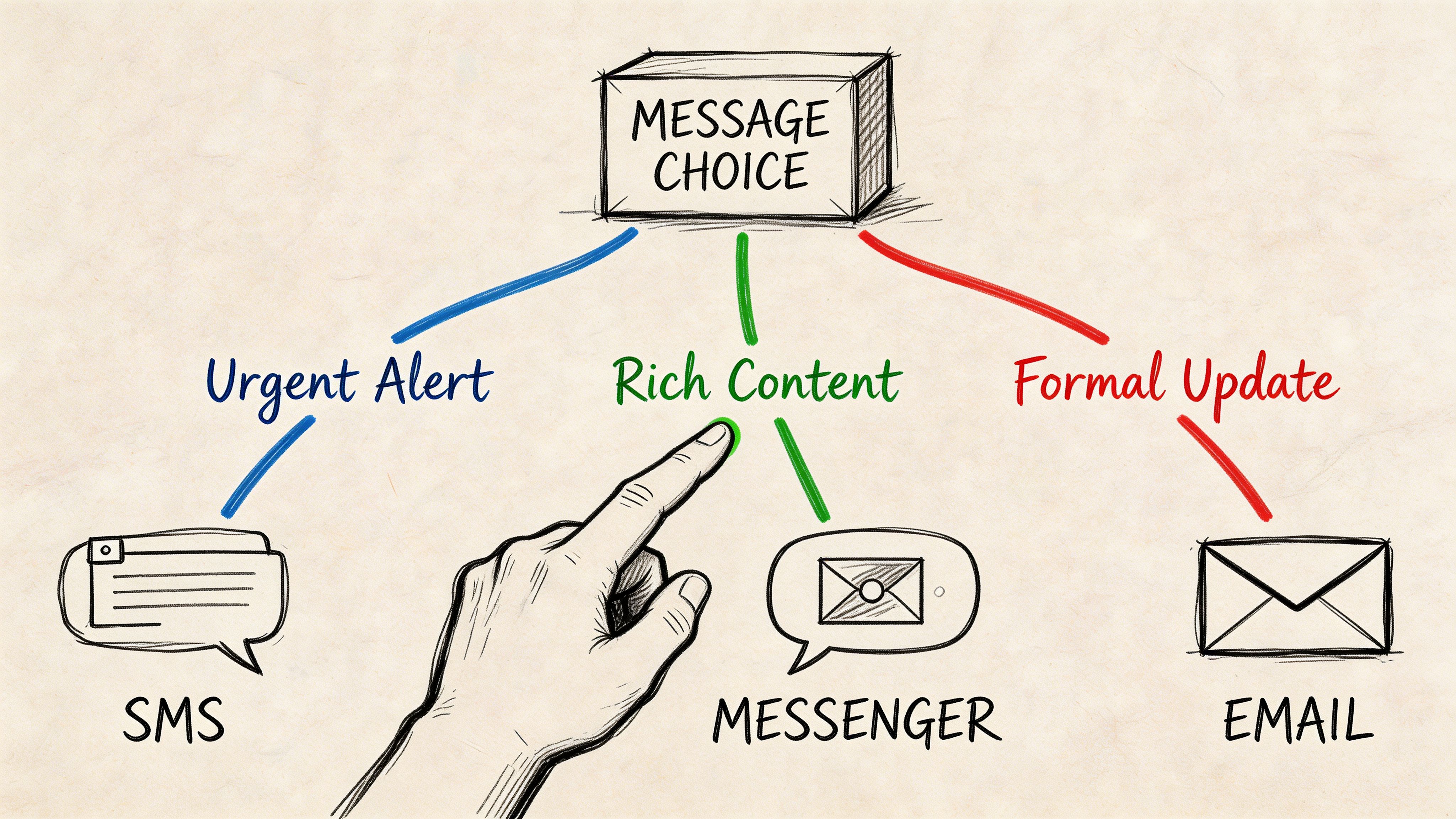 A diagram illustrating the choice between SMS, Messenger, and Email for different types of communication messages.