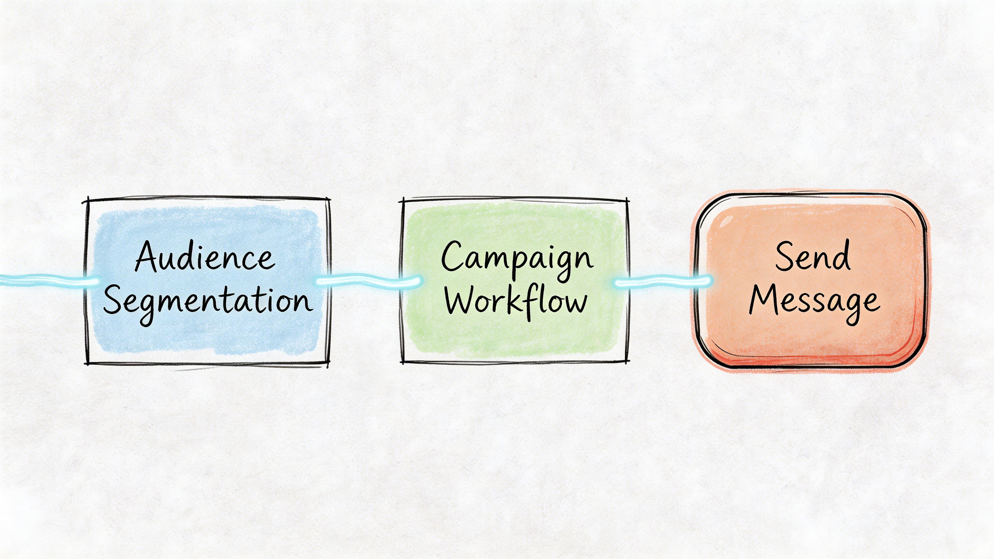 A diagram illustrating a three-step marketing process: audience segmentation, campaign workflow, and sending a message.