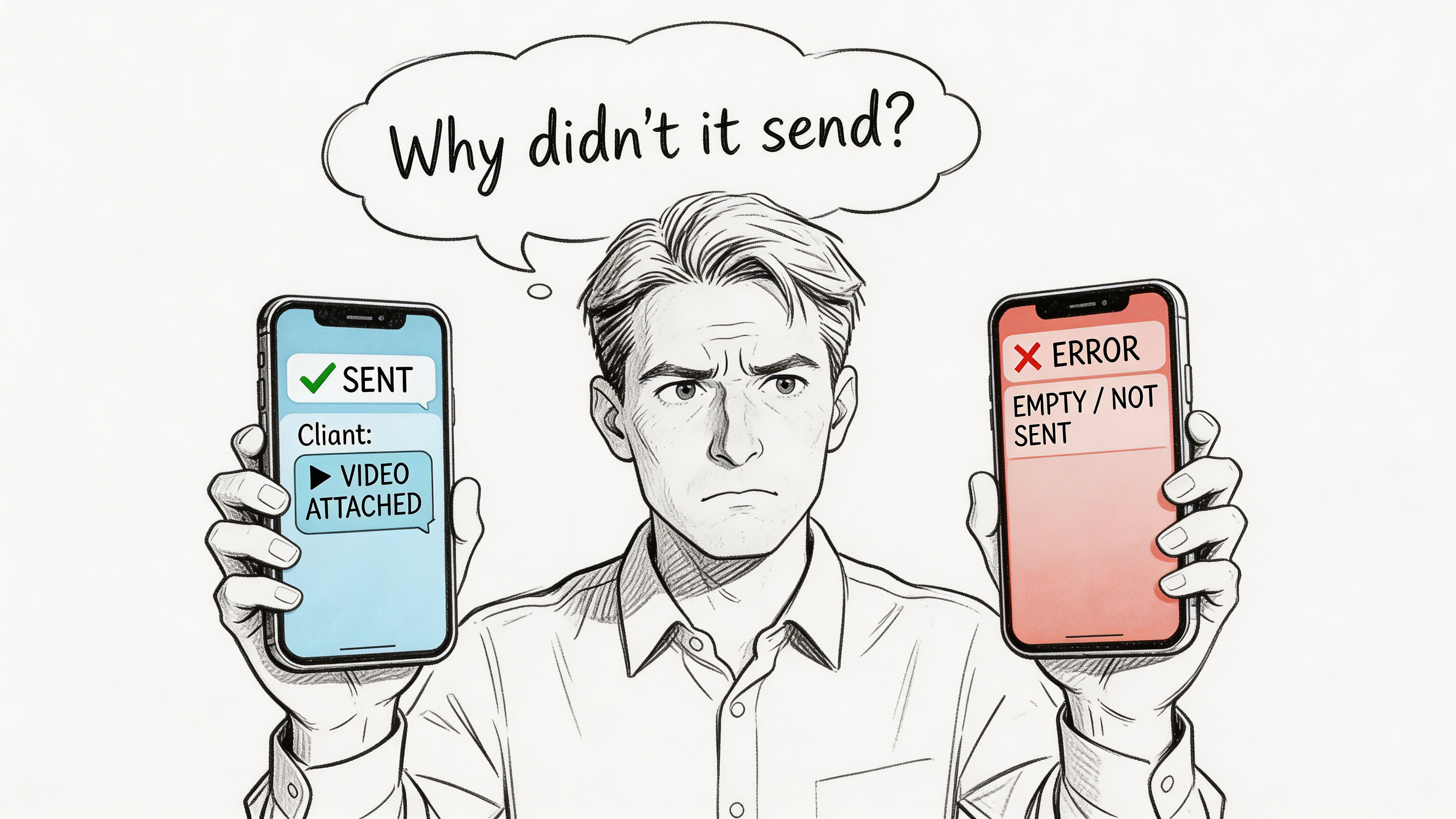 A confused man holding two phones, one showing a sent message and one showing an error.