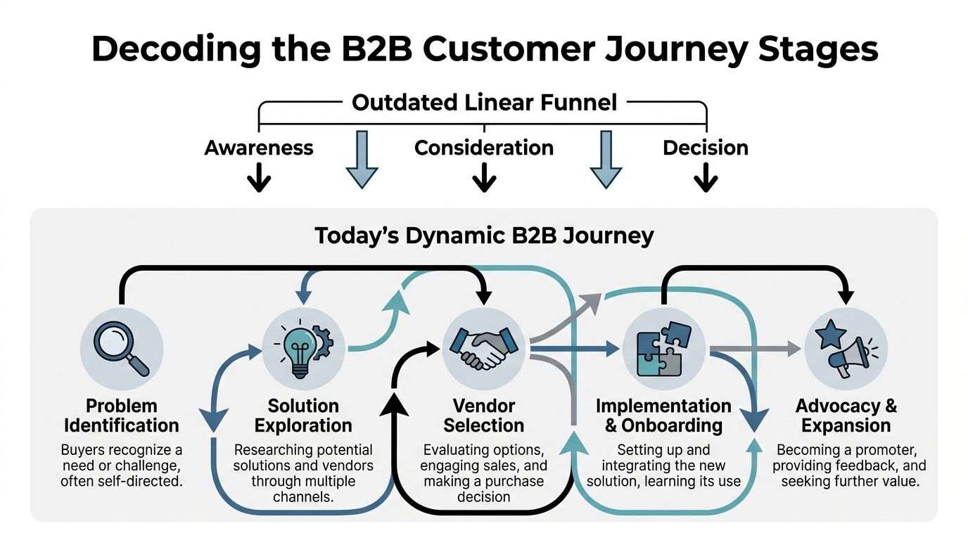 A diagram comparing the traditional linear B2B sales funnel with today's complex, dynamic, non-linear customer journey.