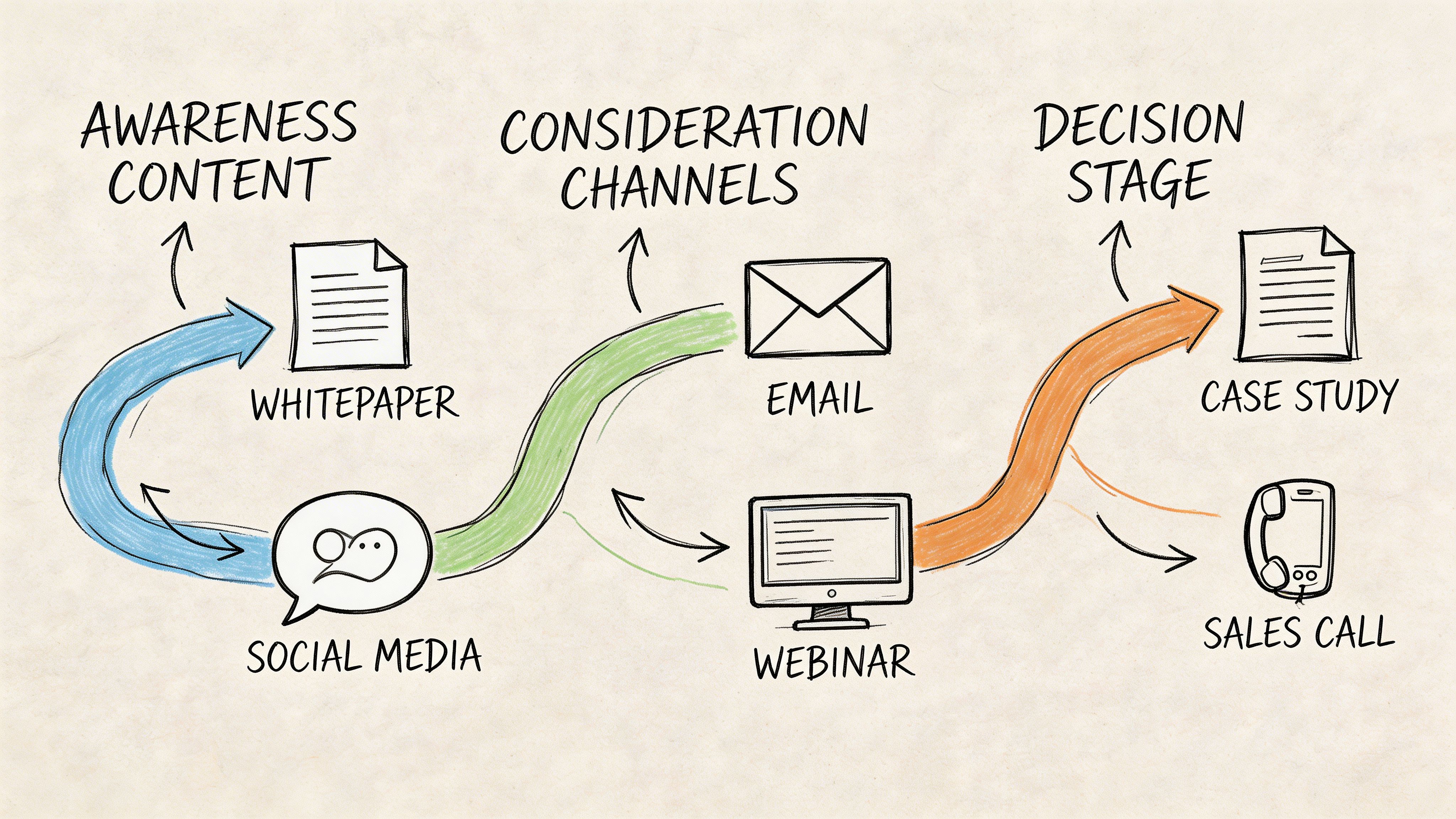 A hand-drawn illustration showing a B2B marketing funnel from awareness content to the decision stage.