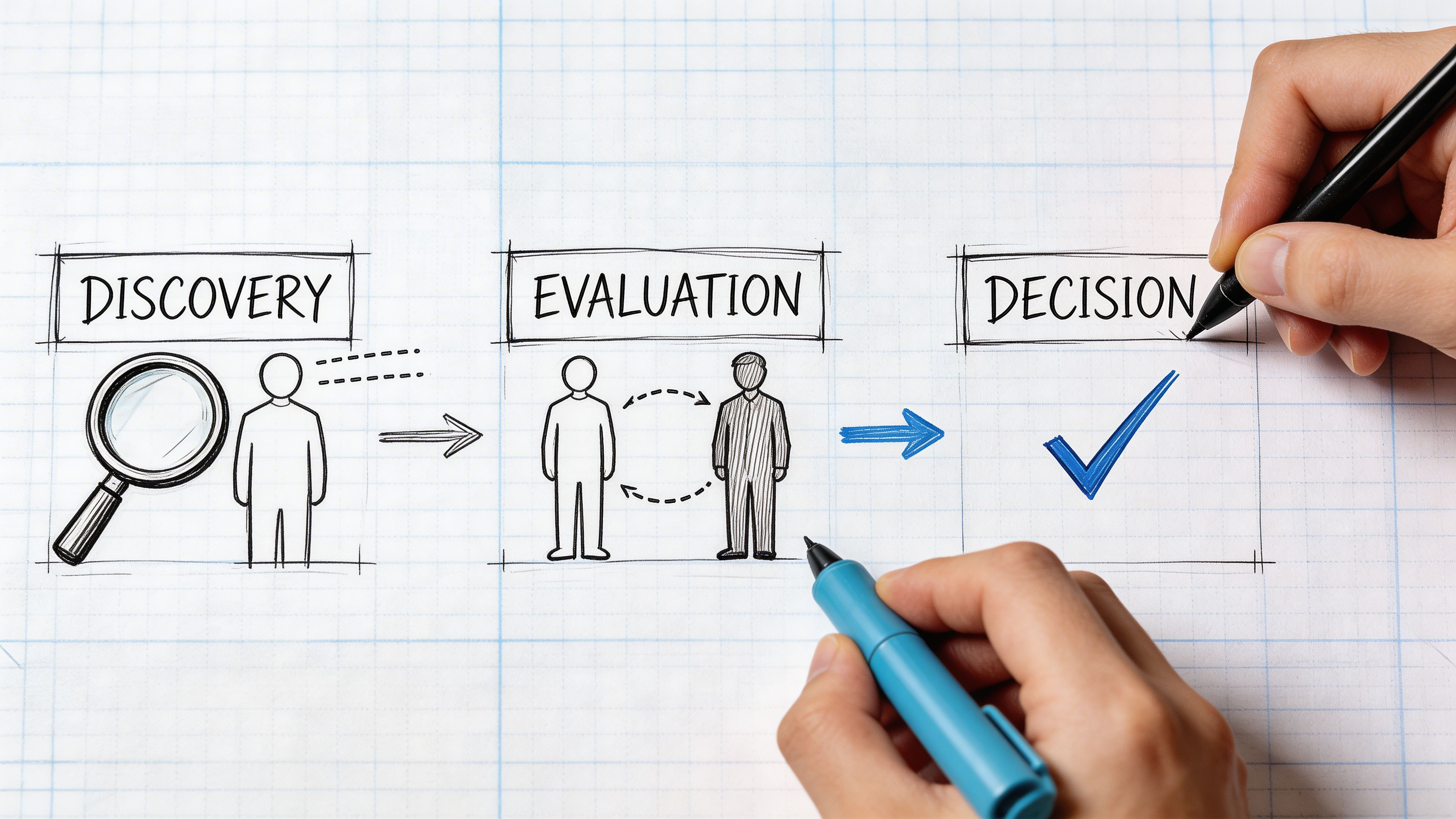 A hand-drawn illustration depicting a B2B customer journey process from discovery to evaluation and final decision.