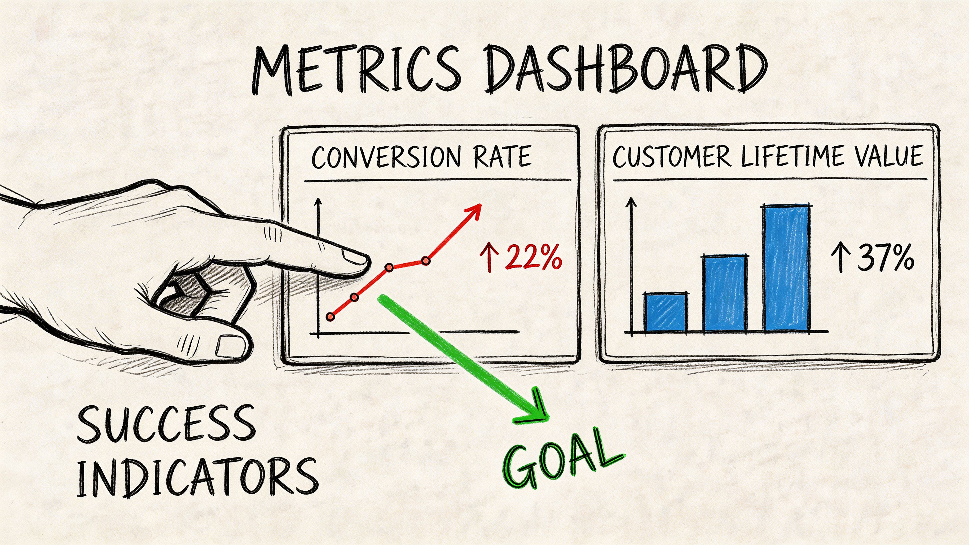 A hand pointing at a metrics dashboard showing conversion rate and customer lifetime value growth charts.