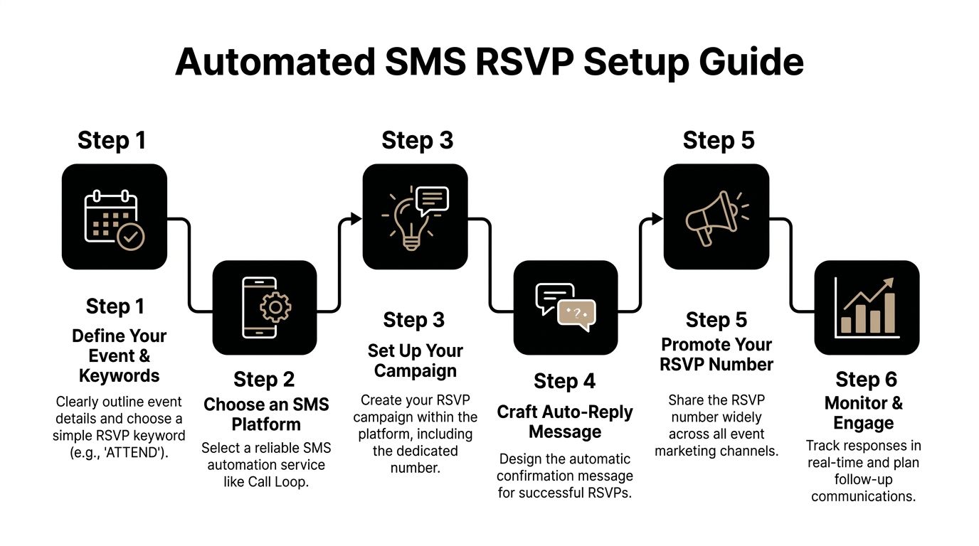 A six-step infographic guide detailing the process for setting up an automated SMS RSVP system for events.