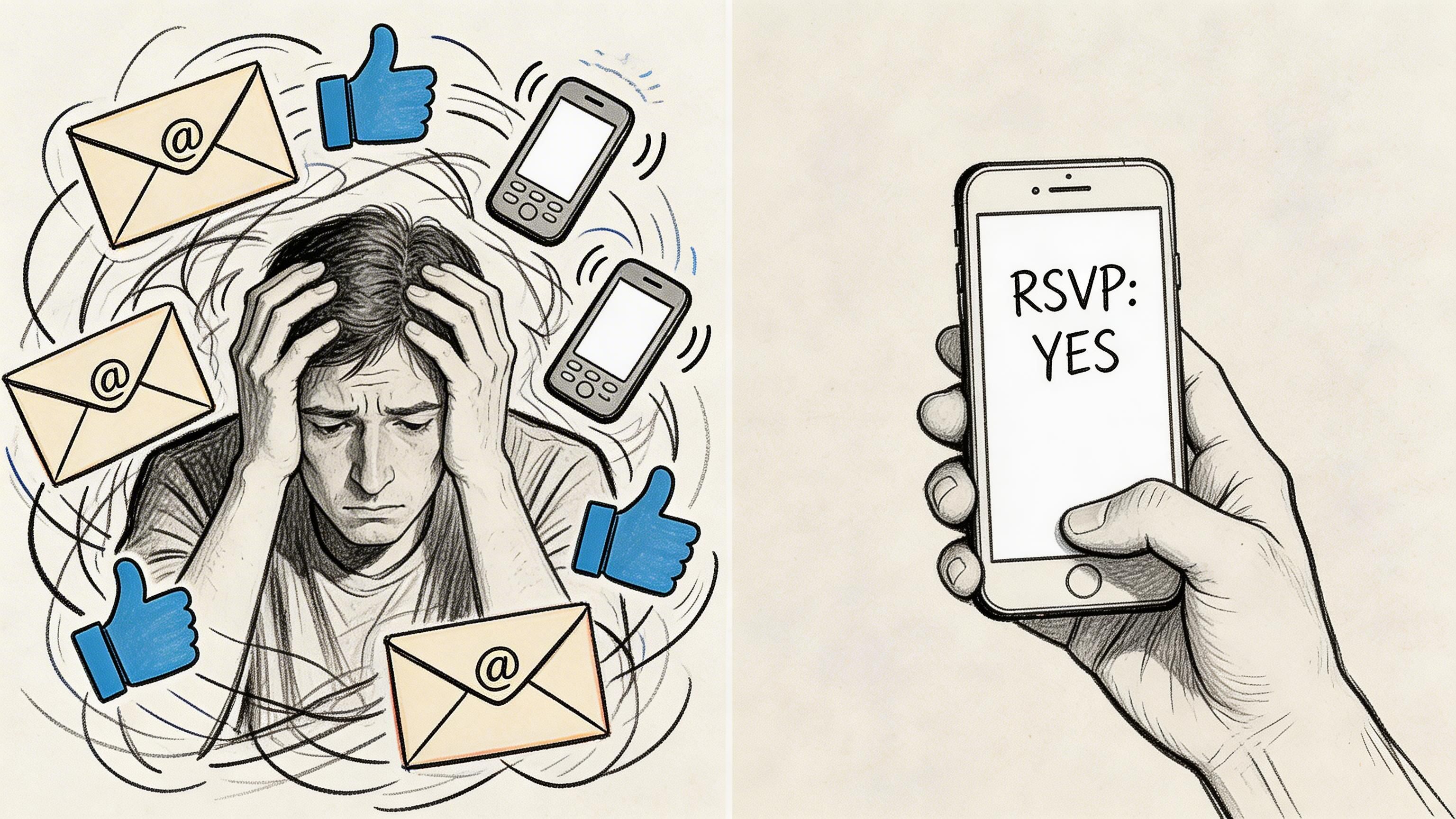 A split image showing a stressed person surrounded by digital notifications versus a phone screen saying RSVP YES.