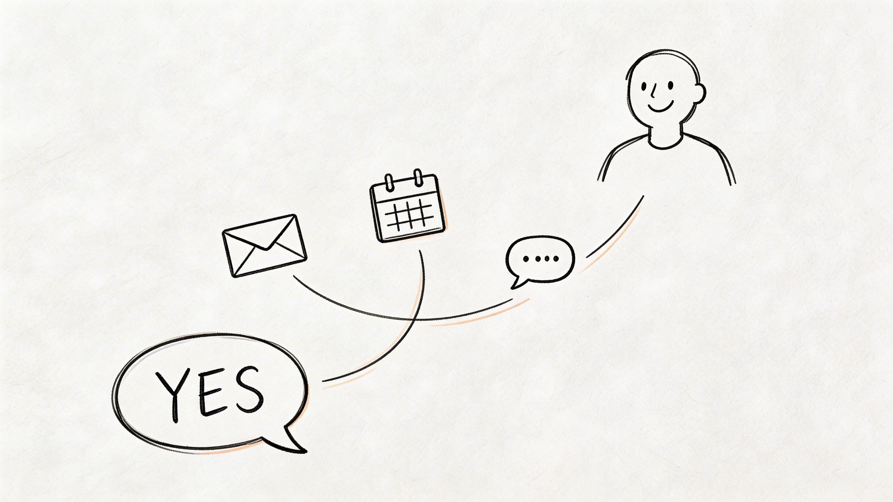 A hand-drawn illustration showing a communication process with a yes speech bubble, email, calendar, and text message.