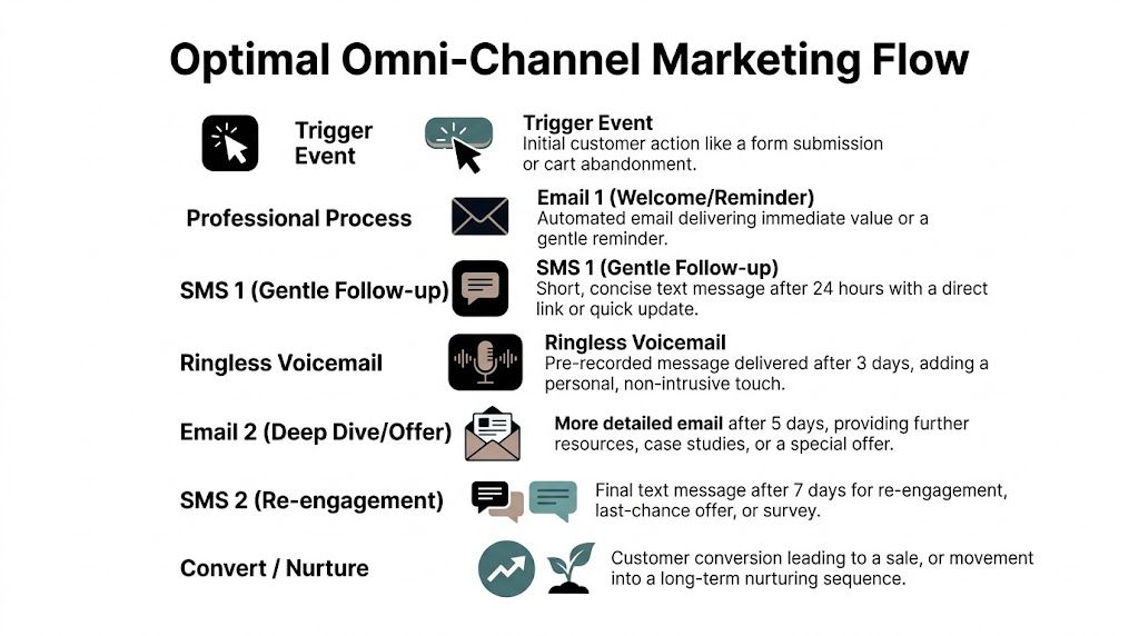 A diagram illustrating an optimal omni-channel marketing flow with automated email, SMS, and voicemail sequence stages.
