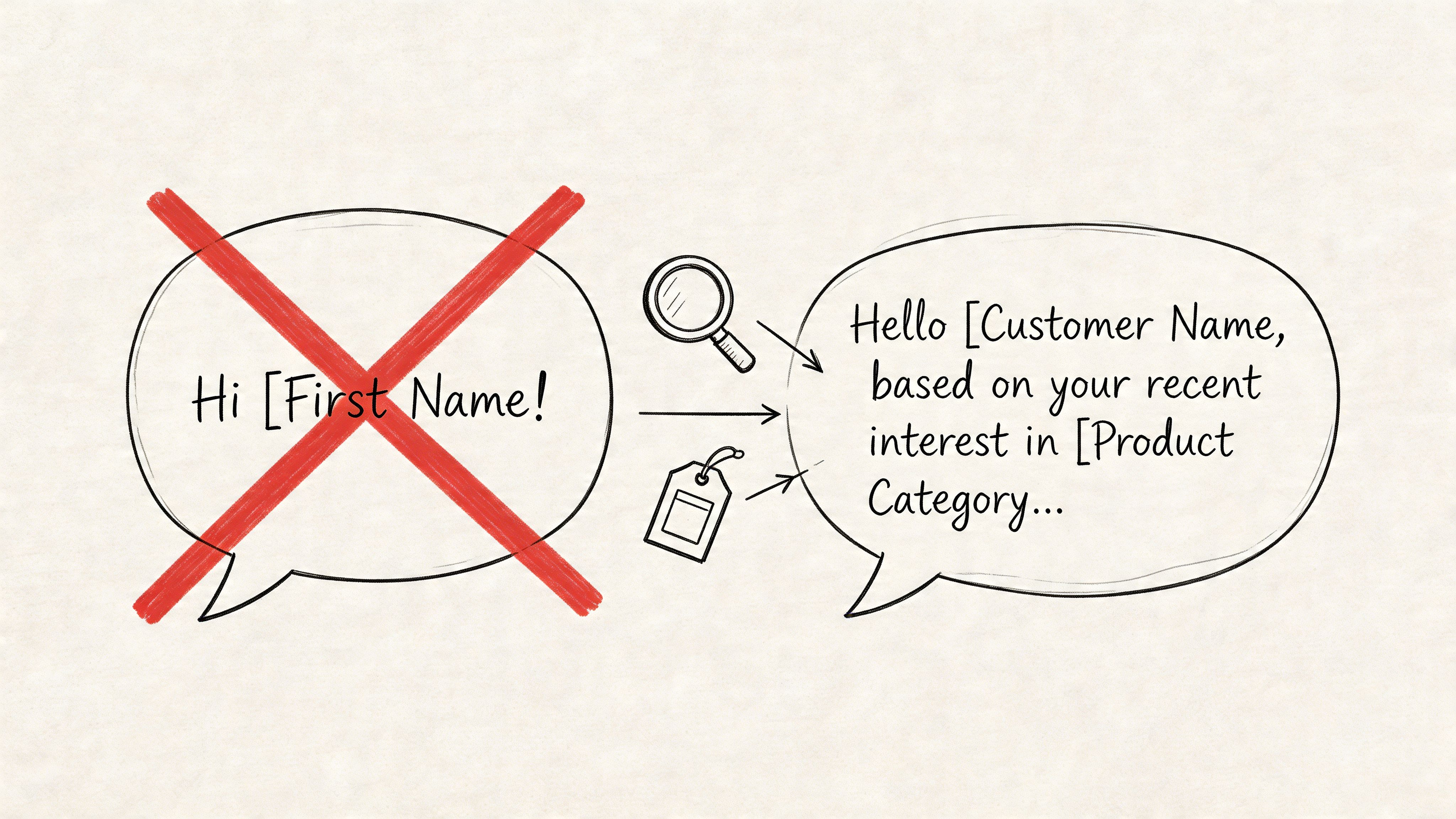 A conceptual illustration comparing generic greeting messages with personalized marketing communication using speech bubbles and data icons.