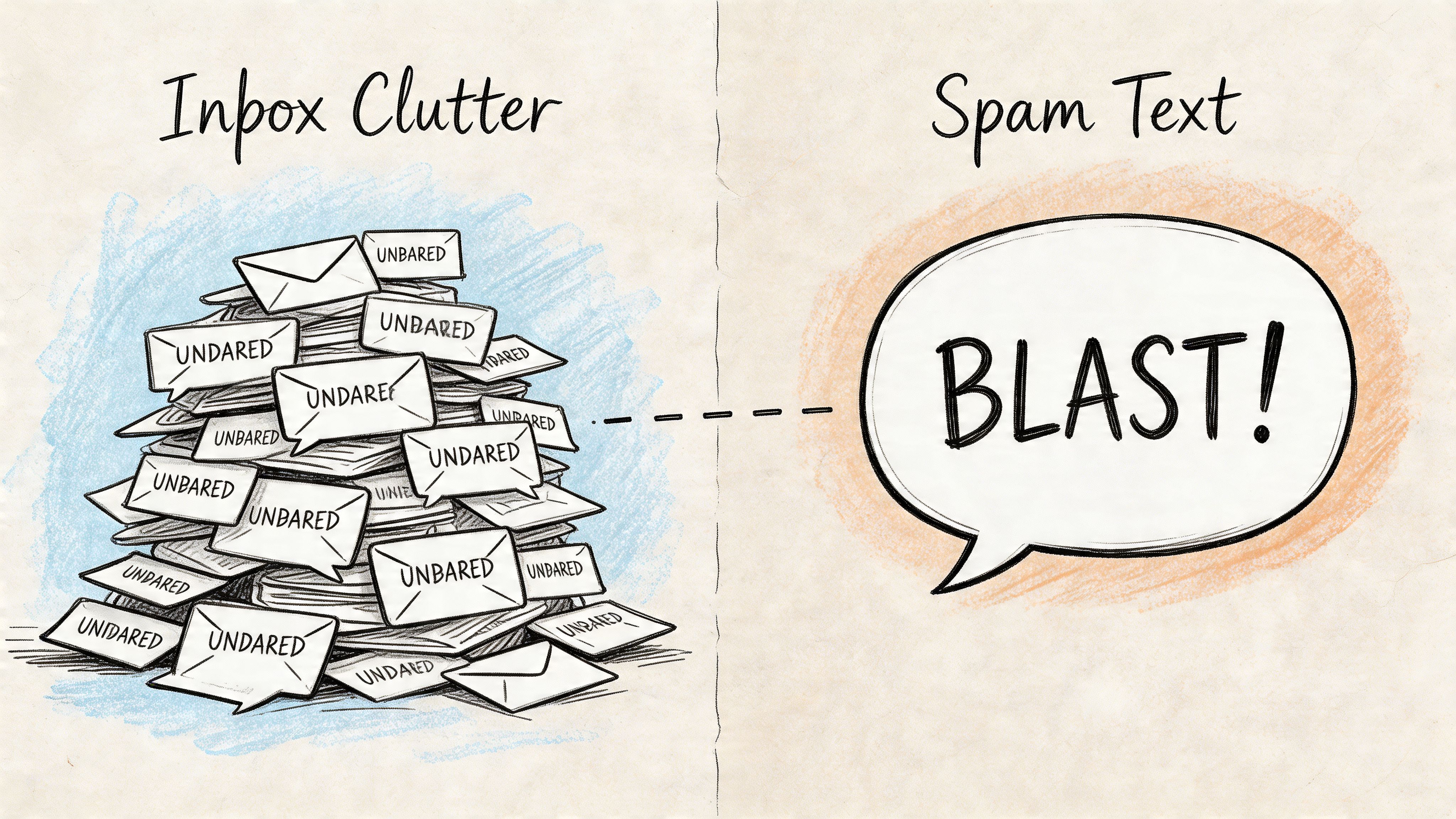 A hand-drawn illustration comparing an overflowing pile of email messages with a single spam text bubble.
