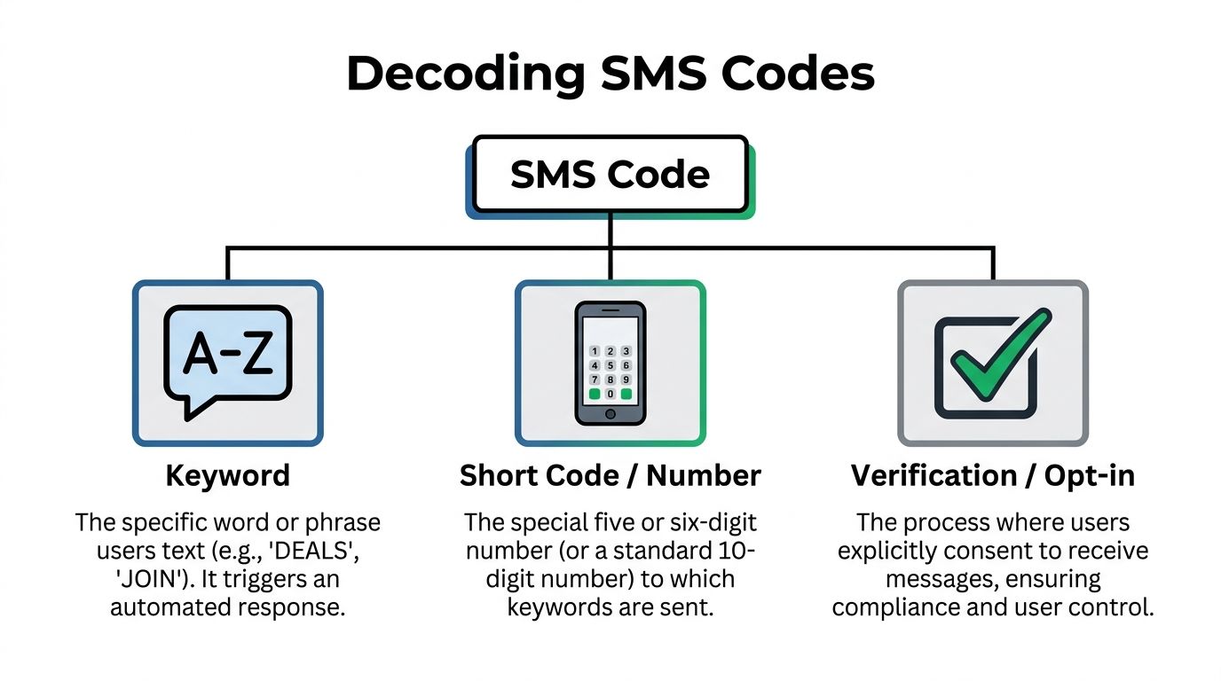 A diagram explaining SMS codes, featuring sections for keywords, short codes, and the verification opt-in process.