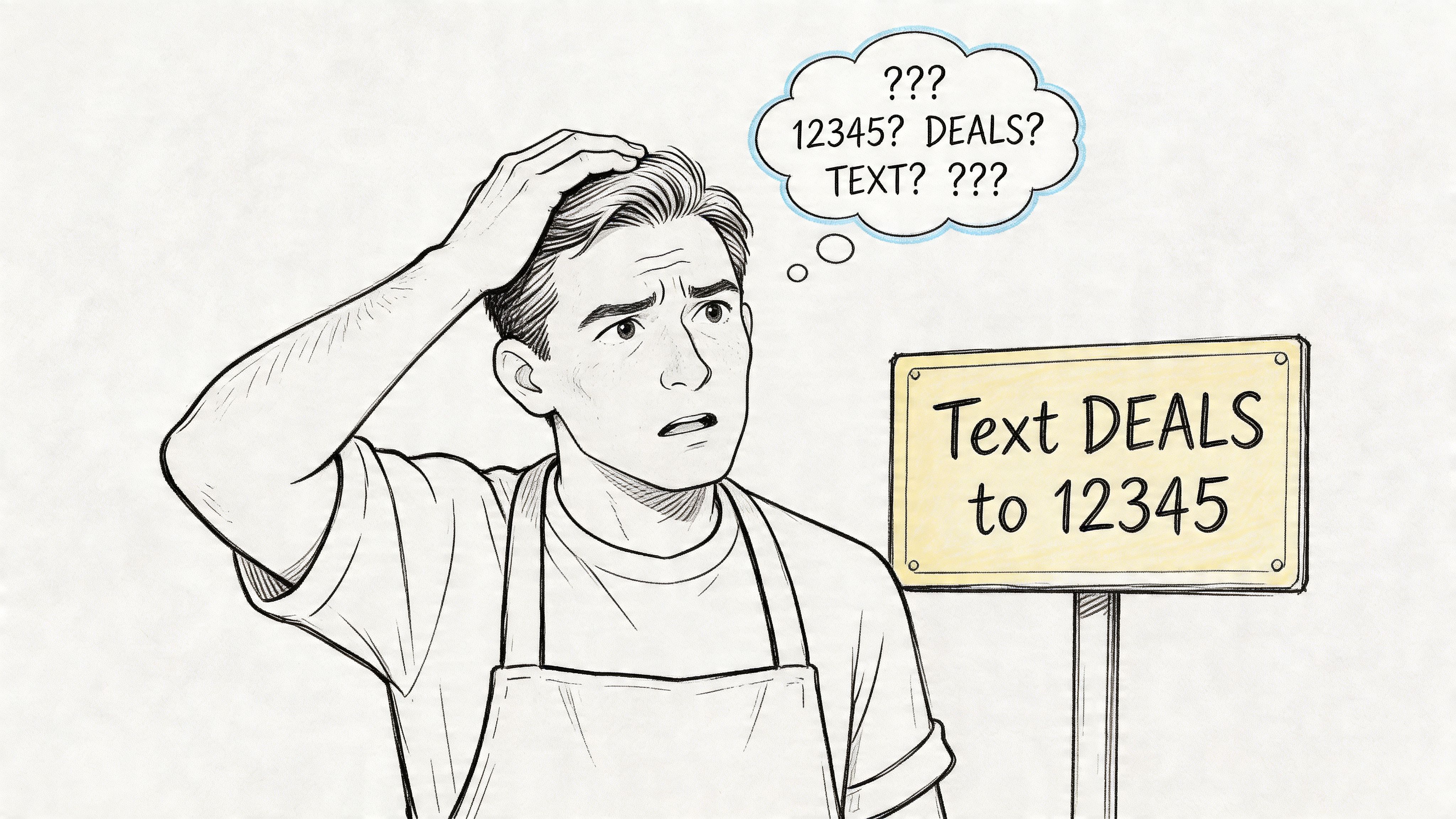 A confused man in an apron looking at a sign that says Text DEALS to 12345.