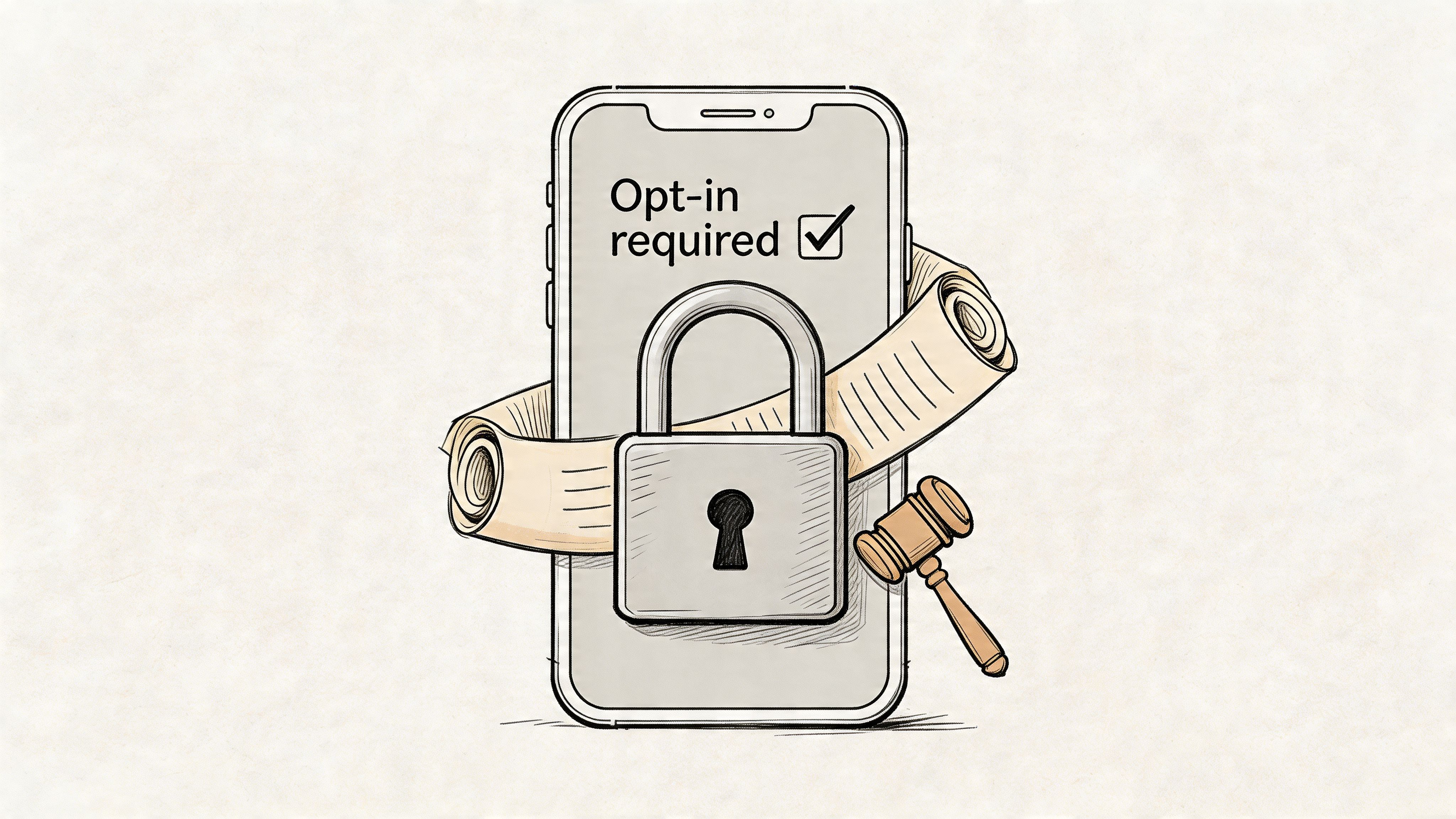 A smartphone wrapped in a document scroll with a padlock and gavel, representing legal consent requirements.