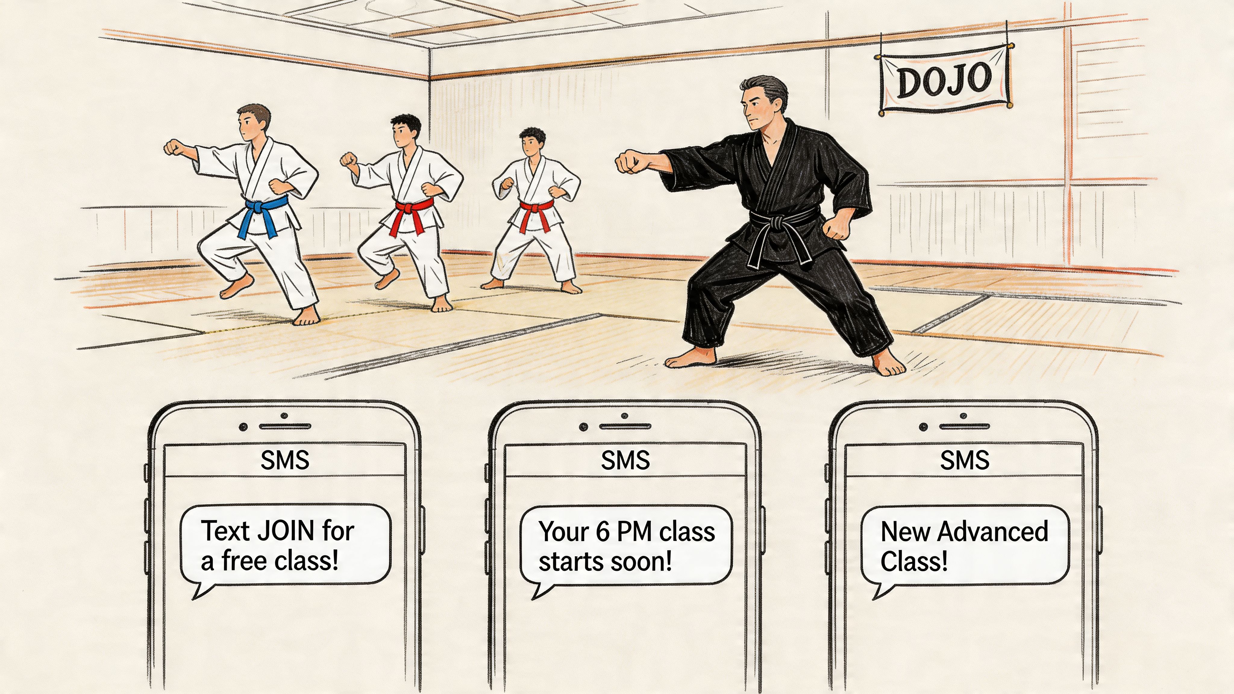 A karate instructor leading a class in a dojo while three smartphone screens display various SMS notifications.