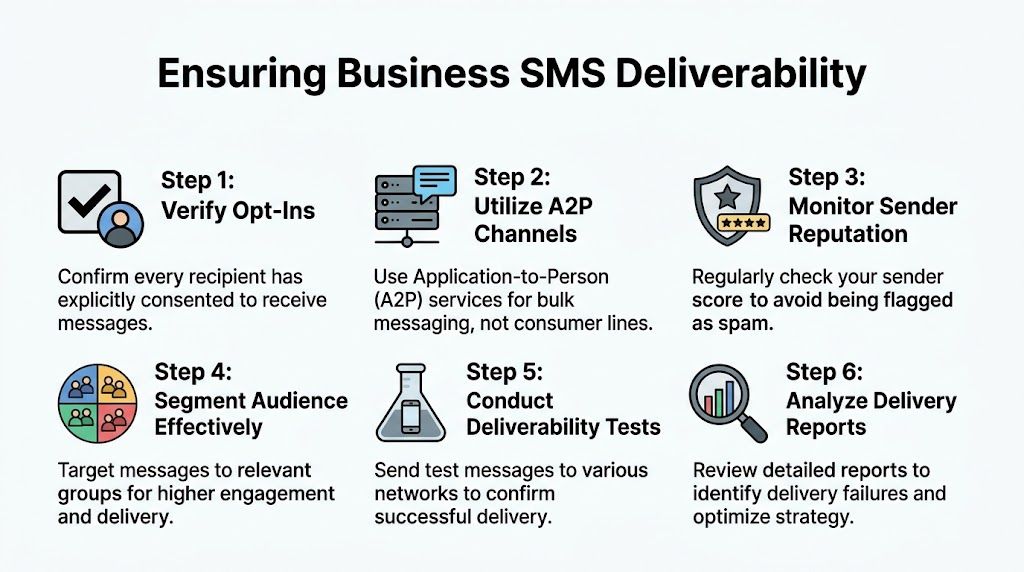 A six-step infographic on how to ensure business SMS deliverability and improve communication success rates.