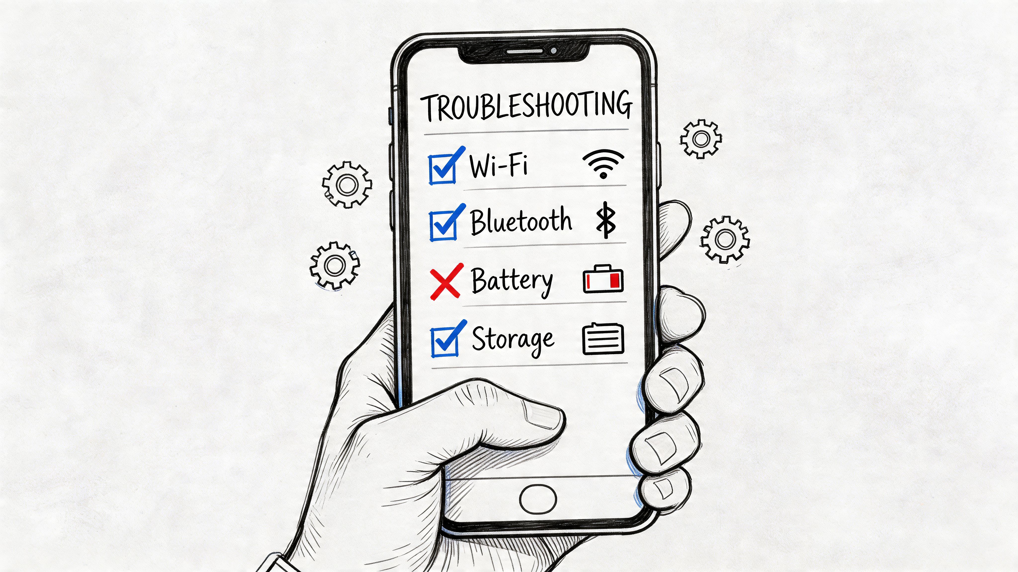 A hand holding a smartphone displaying a troubleshooting checklist with Wi-Fi, Bluetooth, battery, and storage settings.