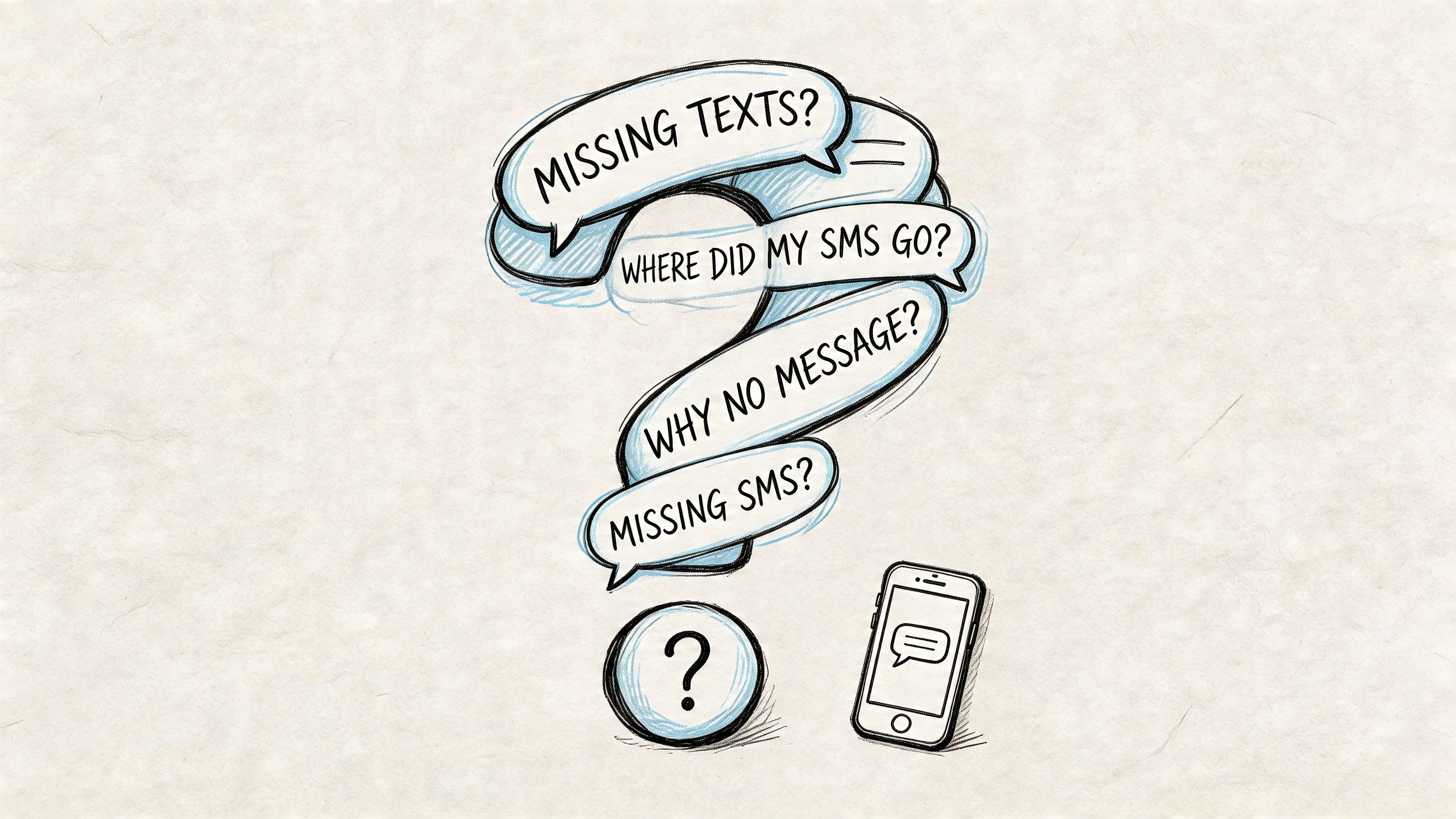 A hand-drawn illustration of a question mark composed of various thought bubbles asking about missing text messages.